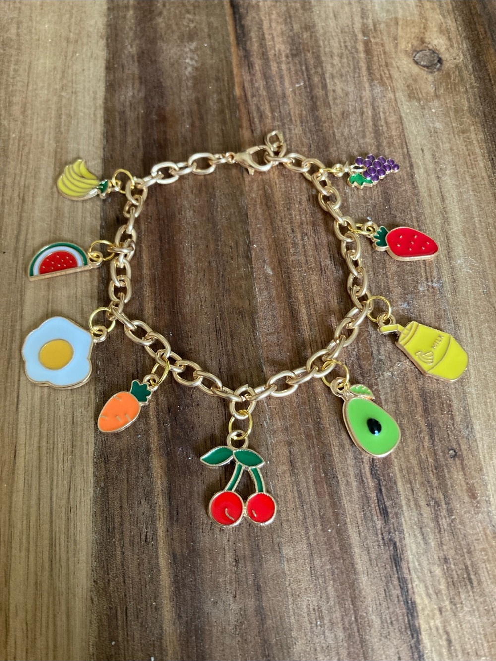 Handmade Gold-Tone Fruit & Breakfast Charm Bracelet